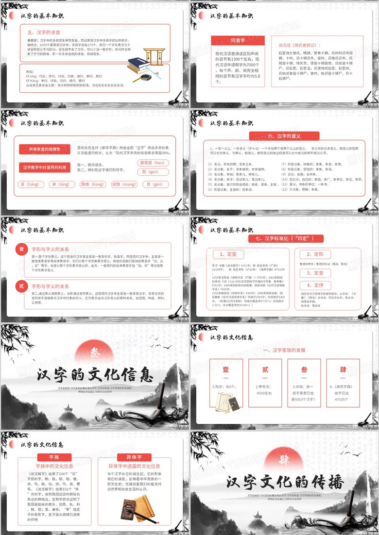 红色水墨中国风汉字与中国文化PPT模板no.3